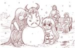  2girls ^_^ alternate_costume animal_ears armor ashe_(league_of_legends) bench blush boots cape closed_eyes green_dew helmet kneeling league_of_legends long_hair lulu_(league_of_legends) monochrome multiple_boys multiple_girls scarf sitting smile snow snowing snowman teemo thighhighs tryndamere varus white_hair winter_clothes yordle 