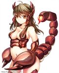  bare_shoulders breasts brown_eyes brown_hair claws cleavage cowboy_shot long_hair medium_breasts midriff monster_girl original ringed_eyes scorpion scorpion_girl scorpion_tail simple_background solo suoni_(deeperocean) tail white_background 