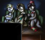  blonde_hair blue_eyes brown_fur brown_hair controller cutie_mark derpy_hooves_(mlp) doctor_whooves_(mlp) eating equine fedora female feral friendship_is_magic frown fur game_controller green_eyes grey_fur group hair hat horse long_hair male mammal my_little_pony necktie otakuap pegasus pony popcorn smile sofa teeth television wings yellow_eyes 