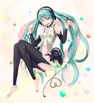  ;) akagi_kiyo aqua_eyes aqua_hair bad_id bad_pixiv_id barefoot black_legwear blush breasts cable detached_sleeves garter_straps hatsune_miku hatsune_miku_(append) headphones long_hair microphone navel one_eye_closed small_breasts smile solo tattoo thighhighs twintails very_long_hair vocaloid vocaloid_append 