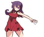  ;) arceonn breasts card choker duel_masters medium_breasts one_eye_closed outstretched_arm purple_eyes purple_hair red_skirt skirt smile solo tasogare_mimi white_background 