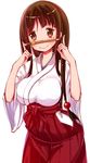  3: blush breasts brown_eyes brown_hair calligraphy_brush hakama hato_haru iwato_kasumi japanese_clothes large_breasts long_hair looking_at_viewer miko paintbrush red_hakama saki simple_background solo white_background 