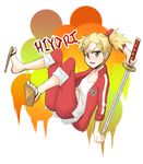  bleach blonde_hair character_name fang flat_chest freckles hair_ornament hairclip katana okamaka orange_eyes pants pants_rolled_up sandals sarugaki_hiyori short_twintails solo sword toes track_suit twintails weapon 