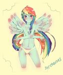  blush breasts clothed clothing cutie_mark female friendship_is_magic fur hair human humanized jcharlesmachiavelli looking_at_viewer mammal multi-colored_hair my_little_pony panties pose purple_eyes rainbow_dash_(mlp) rainbow_hair smile solo standing topless underwear wings 