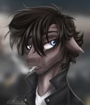  blue_eyes brown_fur cigarette clothing dennybutt equine feral fur hair horse jacket joen leather_jacket male mammal my_little_pony open_mouth original_character pony shirt smoke smoking solo teeth tongue 