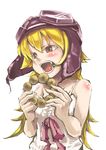  bad_id bad_pixiv_id bakemonogatari blonde_hair blush brown_eyes doughnut dress fangs food goggles goggles_on_head helmet highres long_hair monogatari_(series) open_mouth oshino_shinobu queruru solo spaghetti_strap strap_slip white_background white_dress 