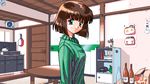  1girl 4bpp bottle brown_hair cardbox frying_pan game_cg indoors oldschool only_you pc98 short_hair solo sweater table 