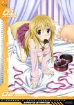  absurdres all_fours blonde_hair box calendar_(medium) charlotte_dunois chocolate chocolate_heart frilled_pillow frills heart highres infinite_stratos long_hair mouth_hold nishizawa_shin'ya off_shoulder official_art on_bed pillow pink_ribbon pink_skirt purple_eyes ribbon skirt solo sweater white_legwear 