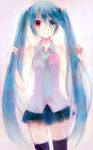  aqua_eyes aqua_hair hatsune_miku heterochromia highres long_hair necktie purple_eyes smile solo syutyou twintails vocaloid 