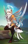  anthro antiander armor black_fur black_nose boots canine claws clothed clothing female fox fur glaive grass hair halo hi_res legwear long_hair mammal navel orange_fur outside red_eyes rock sky smile solo standing thigh_high_boots unconvincing_armor weapon white_fur white_hair 