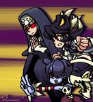  3girls alex_ahad_(style) artist_name bangs black_hair blonde_hair blue_hair blue_skin breasts clenched_hand clenched_teeth detached_sleeves double_(skullgirls) female fighting_pose filia_(skullgirls) fist futakuchi-onna glowing glowing_eyes habit hair_over_one_eye hands_together large_hands leviathan_(skullgirls) long_hair miniskirt multiple_girls necktie nun one_eye_covered ponytail prehensile_hair red_eyes samson_(skullgirls) school_uniform simple_background skirt skull skullgirls southpawper squigly_(skullgirls) stitched_mouth striped stripes teeth thighhighs wide_hips yellow_eyes zombie 