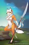  absurd_res antiander black_fur black_nose breasts canine claws digitigrade female fox fur glaive grass hair hi_res hindpaw long_hair mammal nipples nude orange_fur outside paws pussy red_eyes rock sky smile solo standing teeth weapon white_fur white_hair 