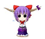  arms_behind_head blush_stickers bow chain chibi cosplay hair_bow horns ibuki_suika ibuki_suika_(cosplay) ichimi looking_at_viewer nagae_iku purple_hair shirt skirt sleeveless sleeveless_shirt solo touhou wavy_mouth 