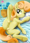  bed blush equestria_untamed equine female feral flower friendship_is_magic fur green_eyes hair horse inside junebug_(mlp) mammal my_little_pony palcomix pony presenting pussy solo text two_tone_hair unknown_artist yellow_fur 