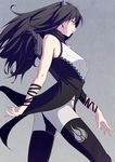  bare_shoulders black_hair blake_belladonna bow cleaver cowboy_shot gun hair_bow handgun long_hair pantyhose pistol rwby ryuga_(balius) solo strap walking weapon yellow_eyes 