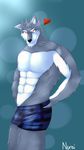  abstract_background anthro biceps big_muscles black_nose boxer boxers bulge canine dog fur grey_fur grey_hair grin hair husky looking_at_viewer male mammal muscles nuroi pecs pose red_eyes smile solo standing toned topless underwear white_fur 