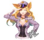  ;d ahri alternate_costume alternate_hair_color animal_ears bangs belt blonde_hair bow breasts cleavage cosplay dakun facial_mark fox_ears girls'_generation gradient_hair hand_on_hip hand_up hat hat_bow heart heart_necklace jacket jewelry large_breasts league_of_legends long_hair multicolored_hair necklace one_eye_closed open_clothes open_jacket open_mouth peaked_cap popstar_ahri salute signature simple_background slit_pupils smile solo uniform upper_body very_long_hair wavy_hair whisker_markings white_background yellow_eyes zipper 