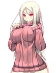  blush bottomless breasts glowing glowing_eyes highres kantai_collection large_breasts long_hair looking_at_viewer naked_sweater red_eyes ribbed_sweater shiki_(psychedelic_g2) shinkaisei-kan silver_hair simple_background smile solo sweater ta-class_battleship turtleneck white_background 