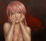  blood blood_on_face blood_on_fingers blood_splatter bloody_hands gasai_yuno hair_over_breasts hands_on_own_cheeks hands_on_own_face jason_peng long_hair looking_at_viewer mirai_nikki open_mouth pink_eyes pink_hair realistic solo upper_body yandere yandere_trance 