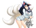  ahri alternate_costume animal_ears backlighting bangs black_hair blush breasts buttons cleavage cosplay cowboy_shot dakun eyeshadow facial_mark fox_ears fox_tail from_side generation_ahri girls'_generation hair_between_eyes hat holding large_breasts league_of_legends leaning_forward long_hair long_sleeves looking_at_viewer makeup microphone microphone_stand military military_uniform multiple_tails naval_uniform orange_eyes parted_lips peaked_cap pocket short_shorts shorts signature simple_background solo tail uniform very_long_hair whisker_markings white_background 