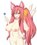  animal_ears blazblue blush breasts candy cat_ears cat_tail food glasses hair_ribbon hand_on_hip highres inverted_nipples jcdr kokonoe large_breasts lollipop long_hair multiple_tails navel nipples nude orange_eyes pince-nez pink_hair ponytail pussy ribbon sidelocks solo tail 
