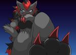  &#38738;&#65299; ?? breasts claws female first_person_view foot_fetish foot_focus fur gradient_background grey_fur hindpaw low-angle_shot mischievous nintendo paws pok&#233;mon pok&eacute;mon red_claws restluck semi-anthro smile smirk soles solo stomping submissive_pov toes video_games zoroark 