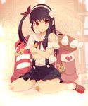  backpack bag bakemonogatari bandaid bandaid_on_knee black_hair crossed_arms hachikuji_mayoi hair_half_undone hairband highres long_hair monogatari_(series) oluha one_side_up onimonogatari red_eyes side_ponytail torn_clothes 