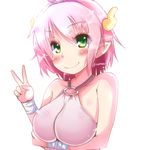  bare_shoulders blush body_blush breast_hold breasts cow_horns elfleda_mirjasdottir green_eyes halter_top halterneck horns hua impossible_clothes impossible_shirt large_breasts looking_at_viewer lotte_no_omocha! o-ring o-ring_top pink_hair pointy_ears shirt short_hair simple_background smile solo v white_background wrist_wrap 