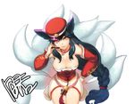  ahri black_hair breasts cleavage dakun hat headset large_breasts league_of_legends long_hair low_neckline simple_background solo very_long_hair white_background 