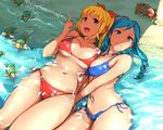  arakure beach bikini blonde_hair blue_eyes blue_hair breasts brown_hair crab drill_hair groin hair_ribbon large_breasts long_hair lying marin_(umi_monogatari) mole multiple_girls navel ocean on_back partially_submerged pointing ponytail ribbon side-tie_bikini swimsuit turtle umi_monogatari underboob warin water wet 