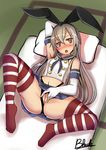  animal_ears arm_behind_head black_panties blush breasts brown_eyes bunny_ears elbow_gloves futon gloves hairband highleg highleg_panties kantai_collection long_hair lying navel on_back panties panties_aside pillow platinum_blonde_hair pussy qblade red_legwear sailor_collar shimakaze_(kantai_collection) small_breasts solo spread_legs spread_pussy striped striped_legwear thighhighs underwear white_gloves 