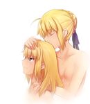  ahoge artoria_pendragon_(all) blonde_hair braid breasts cropped crying crying_with_eyes_open fate/apocrypha fate_(series) french_braid green_eyes hair_down hair_kiss hair_ribbon hug hug_from_behind long_hair md5_mismatch mordred_(fate) mordred_(fate)_(all) mother_and_daughter multiple_girls nude ribbon saber small_breasts tears tusia 