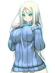  aqua_eyes blush bottomless breasts glowing glowing_eyes highres kantai_collection large_breasts long_hair looking_at_viewer naked_sweater ribbed_sweater shiki_(psychedelic_g2) shinkaisei-kan silver_hair simple_background smile solo sweater ta-class_battleship turtleneck white_background 