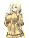  blush bottomless breasts glowing glowing_eyes highres kantai_collection large_breasts long_hair looking_at_viewer naked_sweater ribbed_sweater shiki_(psychedelic_g2) shinkaisei-kan silver_hair simple_background smile solo sweater ta-class_battleship turtleneck white_background yellow_eyes 