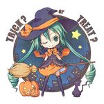  broom cape cat chibi elbow_gloves gloves green_eyes green_hair halloween hat hatsune_miku jack-o'-lantern long_hair one_eye_closed sanau_yuu skirt smile solo star thighhighs twintails very_long_hair vocaloid witch witch_hat 