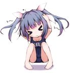  &gt;_&lt; :&lt; blue_hair blush breasts chibi closed_eyes commentary full_body hachikuji hair_ornament hair_ribbon hands_on_own_head i-19_(kantai_collection) kantai_collection large_breasts long_hair lowres multicolored_hair one-piece_swimsuit ribbon school_swimsuit simple_background solo squatting swimsuit twintails white_background 