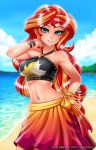 1girl beach black_bikini_top blonde_hair bracelet breasts cloud contrapposto day flame_print green_eyes halter_top halterneck hand_on_hip jewelry long_hair looking_at_viewer medium_breasts midriff multicolored_hair my_little_pony my_little_pony_equestria_girls my_little_pony_friendship_is_magic necklace outdoors parted_lips personification racoon-kun raised_eyebrow red_hair sarong sky smile solo stomach sunset_shimmer two-tone_hair very_long_hair watermark web_address 