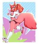  abstract_background big_breasts breasts buckteeth clothed clothing ear_piercing female fur hair long_hair looking_at_viewer looking_back mammal open_mouth panties piercing pink_fur ponytail red_hair rodent salkitten shoes skimpy skirt smile socks solo squirrel standing teeth thighs underwear 