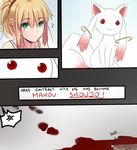  1girl :3 anger_vein blonde_hair blood comic cropped crossover english fate/apocrypha fate_(series) green_eyes kyubey long_hair mahou_shoujo_madoka_magica md5_mismatch mordred_(fate) mordred_(fate)_(all) ponytail red_eyes tusia 