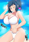  aqua_eyes bare_shoulders beach bikini blue_hair blush breasts bursting_breasts gundam gundam_build_fighters heart hips huge_breasts iori_rinko looking_at_viewer mature one_eye_closed ponytail short_hair smile solo sparkle sugamo swimsuit thighs translation_request white_bikini 