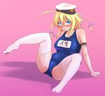  blonde_hair blue_eyes breasts glasses hat i-8_(kantai_collection) kantai_collection large_breasts looking_at_viewer no_shoes one-piece_swimsuit pink_background red-framed_eyewear school_swimsuit short_hair smile solo supi_(inner_map) swimsuit thighhighs white_legwear 