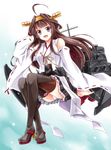  bare_shoulders black_legwear blush boots brown_hair cannon detached_sleeves double_bun hair_ornament hairband headgear japanese_clothes kantai_collection kongou_(kantai_collection) kubyou_azami long_hair nontraditional_miko open_mouth panties skirt smile solo thigh_boots thighhighs turret underwear white_panties 