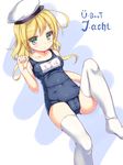  blonde_hair german hat highres i-8_(kantai_collection) kantai_collection ochinsama one-piece_swimsuit ranguage school_swimsuit swimsuit thighhighs translated white_legwear 