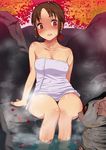  1girl animal blush breasts brown_eyes brown_hair gujira highres holly_(monster_farm) legs long_hair looking_down medium_breasts monster_farm nude onsen open_mouth ponytail rock rocks sitting solo steam sweat thighs towel water wet 