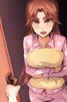  blush brother_and_sister brown_eyes brown_hair commentary_request eyebrows hug long_hair looking_at_viewer open_door open_mouth original pajamas partial_commentary pepe_(jonasan) pillow pillow_hug pov red_eyes red_hair siblings 