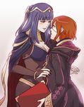  bangle bangs black_nails bloom blunt_bangs blunt_ends blush bodysuit bracelet breasts bridal_gauntlets cape circlet cleavage cloak commentary couple english_commentary eye_contact face-to-face female_my_unit_(fire_emblem:_kakusei) fire_emblem fire_emblem:_kakusei flauschtraut half-closed_eyes hand_on_another's_head height_difference hood hooded_cloak imminent_kiss jewelry long_hair long_sleeves looking_at_another medium_breasts multiple_girls my_unit_(fire_emblem:_kakusei) nail_polish parted_lips purple_eyes purple_hair red_hair short_hair standing tharja two_side_up yuri 
