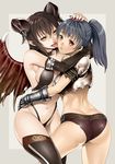  artist_self-insert ass belt black_gloves black_legwear blue_hair blush breastplate breasts brown_eyes brown_panties buckle cheek_licking covered_nipples dark_souls demon_girl elbow_gloves face_licking gauntlets gloves hand_on_another's_head highres horns hug large_breasts leg_between_thighs licking long_hair medium_breasts multiple_girls navel old-one open_mouth panties pointy_ears ponytail simple_background smile souls_(from_software) succubus thighhighs tongue tongue_out underwear wings yellow_eyes yuri 