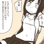  arms_behind_back asashio_(kantai_collection) beige_background comic flat_color kantai_collection monochrome nns_(sobchan) open_clothes open_shirt pleated_skirt skirt solo sports_bra suspender_skirt suspenders suspenders_hanging sweat tears thighhighs translated unbuttoned unbuttoned_shirt 