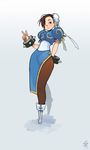  boots bracelet brown_hair bun_cover china_dress chinese_clothes chun-li double_bun dress earrings hair_over_one_eye jewelry long_legs pantyhose sash shaun_healey short_hair simple_background solo spiked_bracelet spikes street_fighter v 