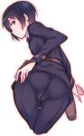  ass belt black_eyes black_hair cameltoe dress_shirt em formal hand_on_hip holster impossible_clothes kino kino_no_tabi looking_back pants pouch shirt short_hair simple_background suit tomboy 